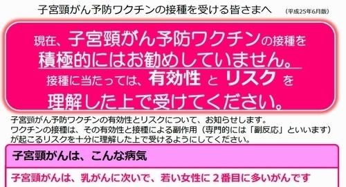 写真：子宮頸（けい）がんワクチンの勧奨見合わせを受け、厚生労働省が医療機関向けに作成したリーフレット